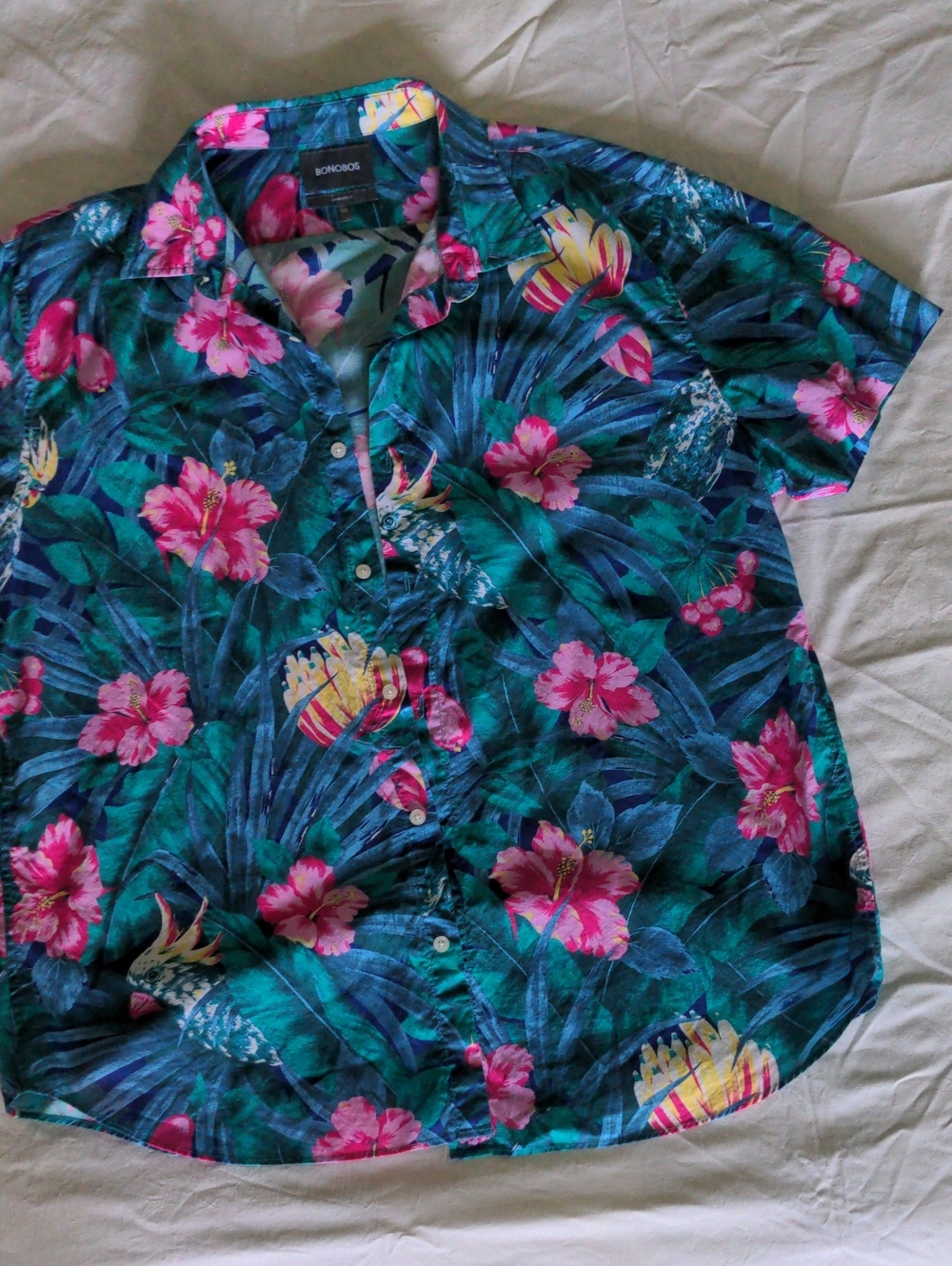 Bonobos Teal Tropical Floral Button-Down Shirt with Pink & Yellow Accents